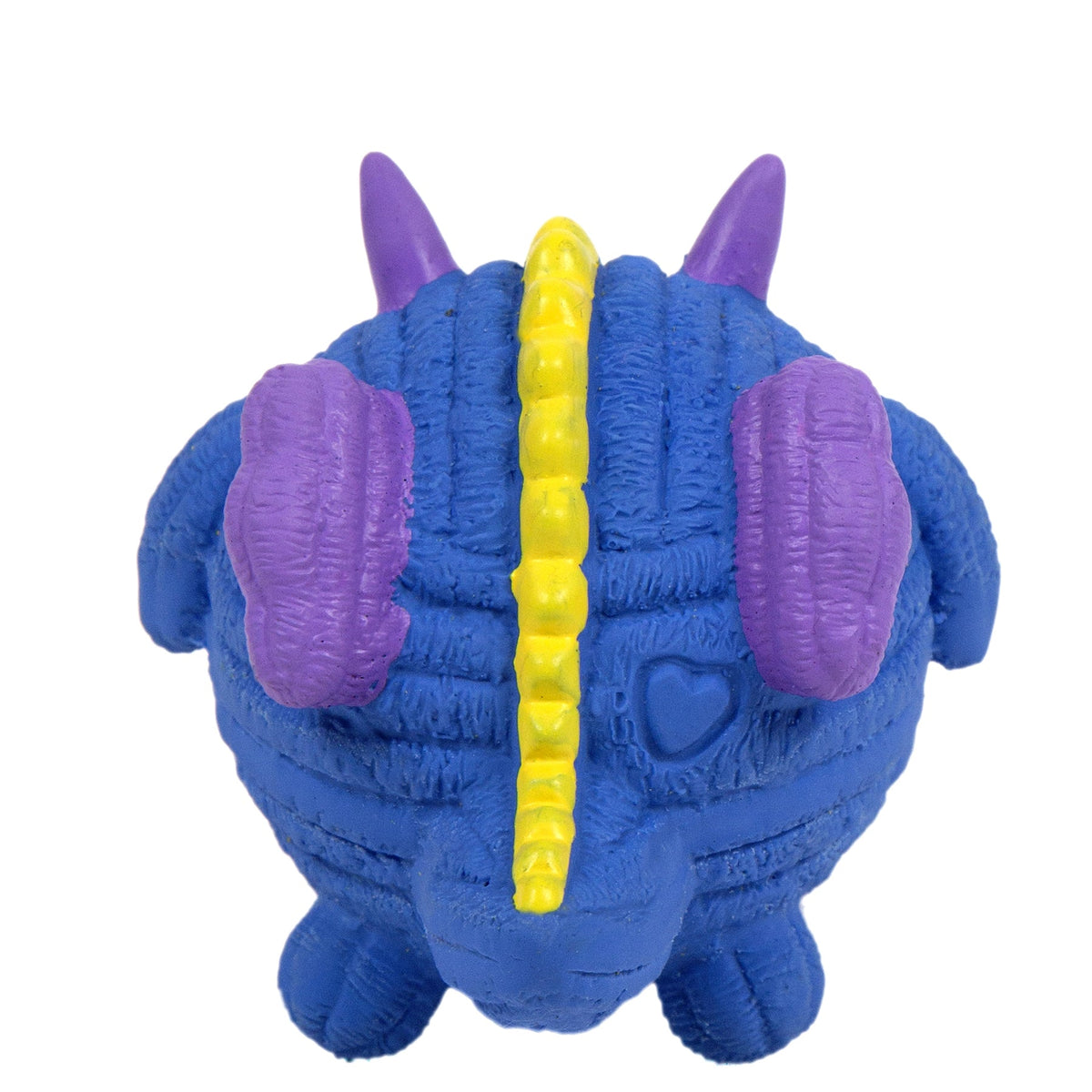 Blue and purple monster latex dog ball toy with yellow stripe down the face