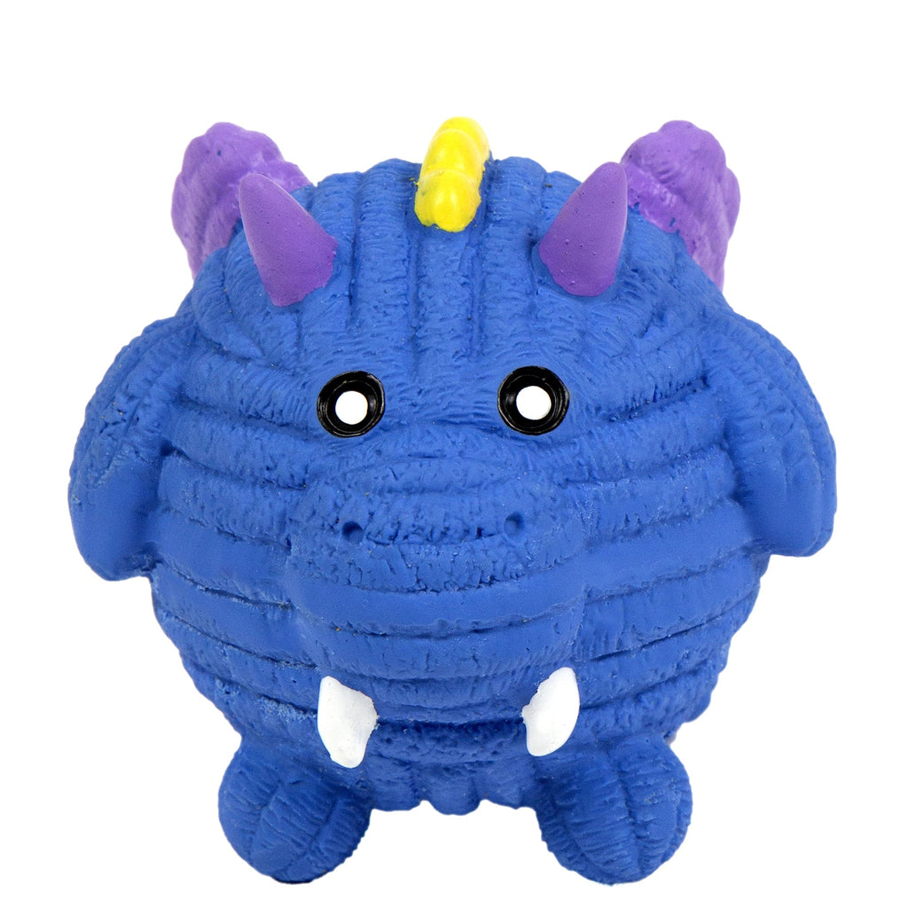 Blue monster latex dog ball toy with purple horns and yellow center nose