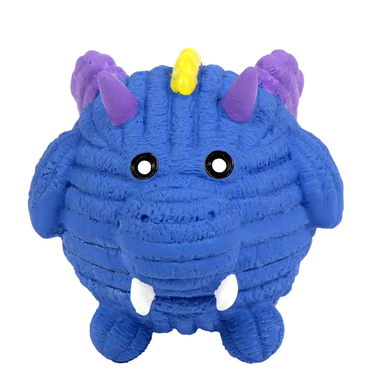 Blue monster latex dog ball toy with purple horns and yellow center nose
