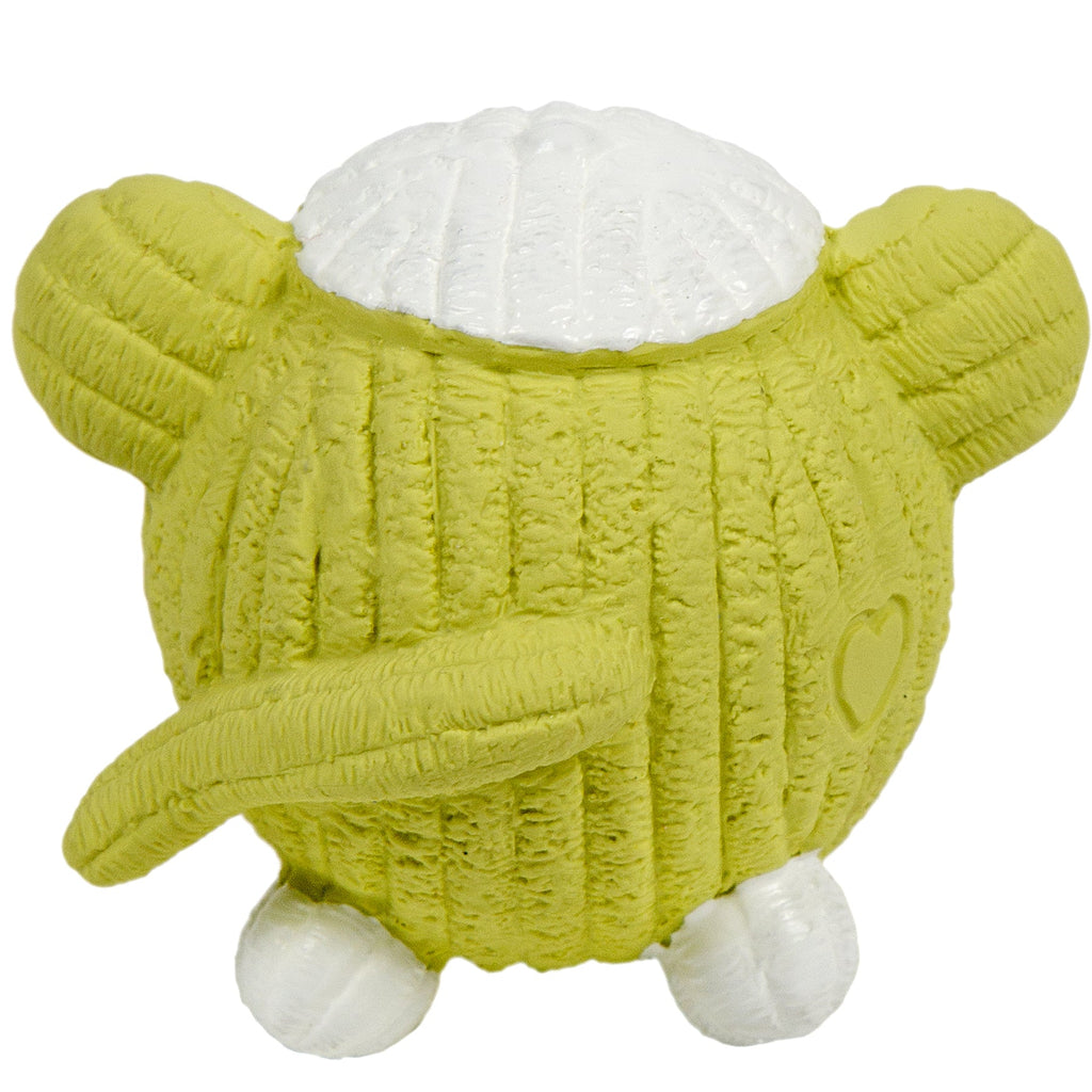 Yellow green latex dog ball toy with white belly and heart-shaped detail