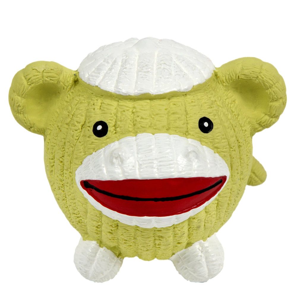 Green and white smiley latex dog ball toy with red mouth and round eyes