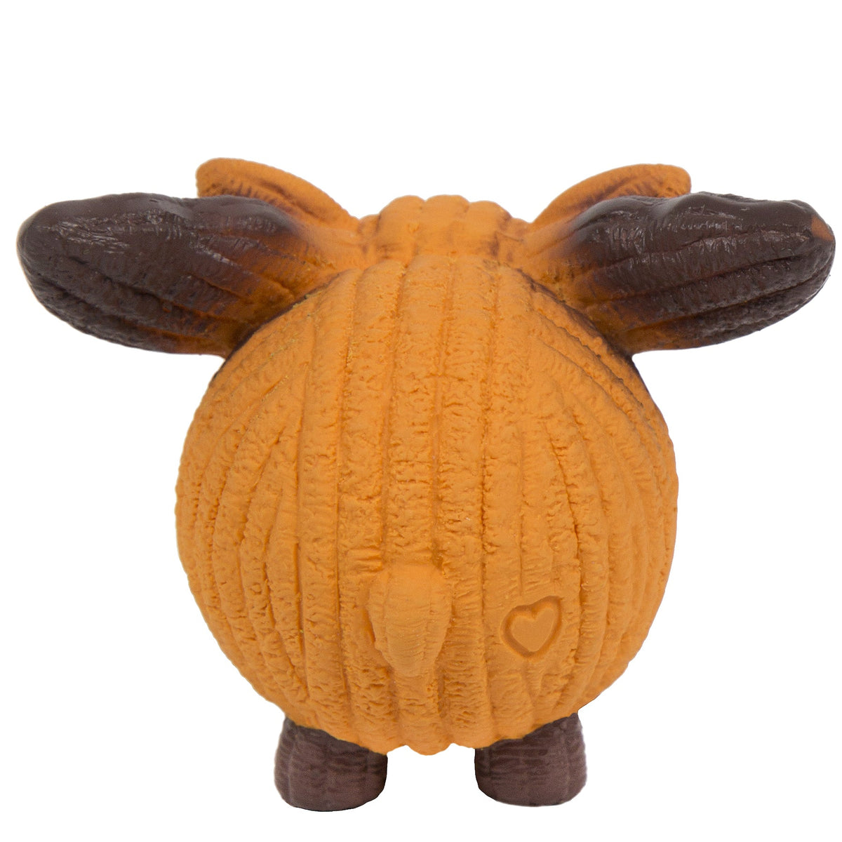 Orange deer latex dog ball toy with dark brown ears and heart-shaped markings