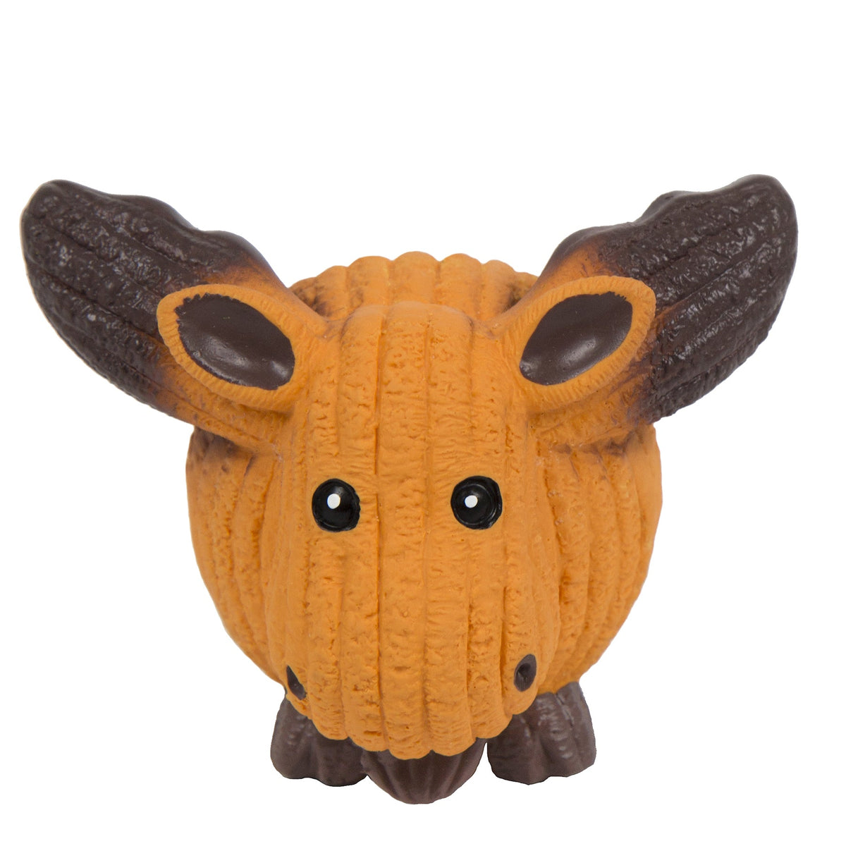 Orange and brown deer antler latex dog ball toy with black button eyes