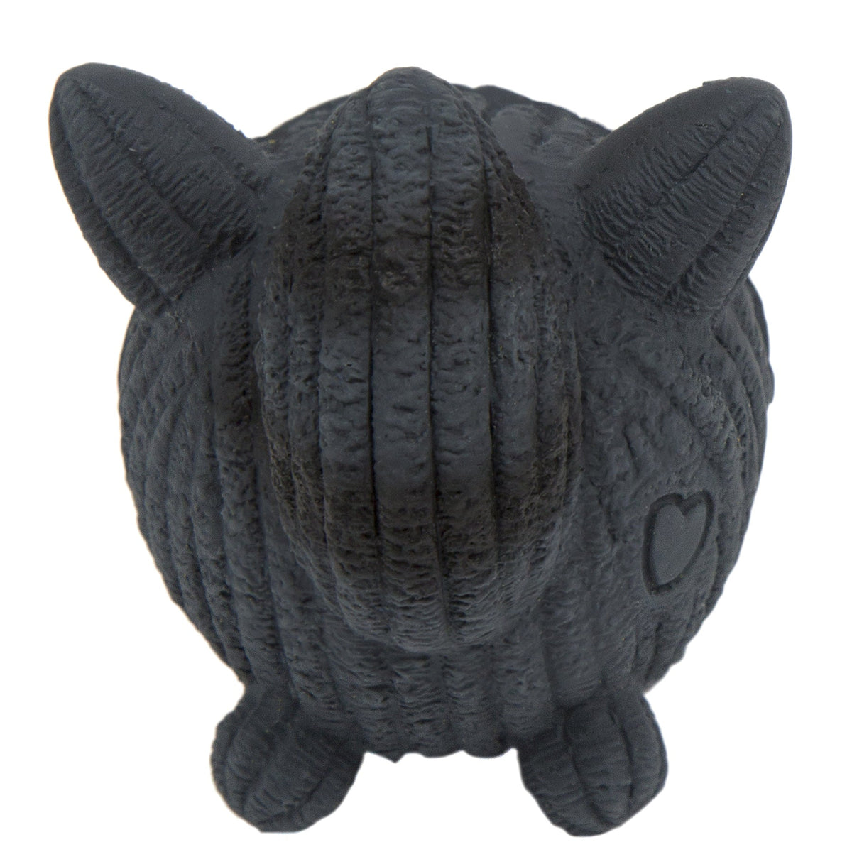 Dark gray textured latex dog ball toy with stitched ridges and ear shapes