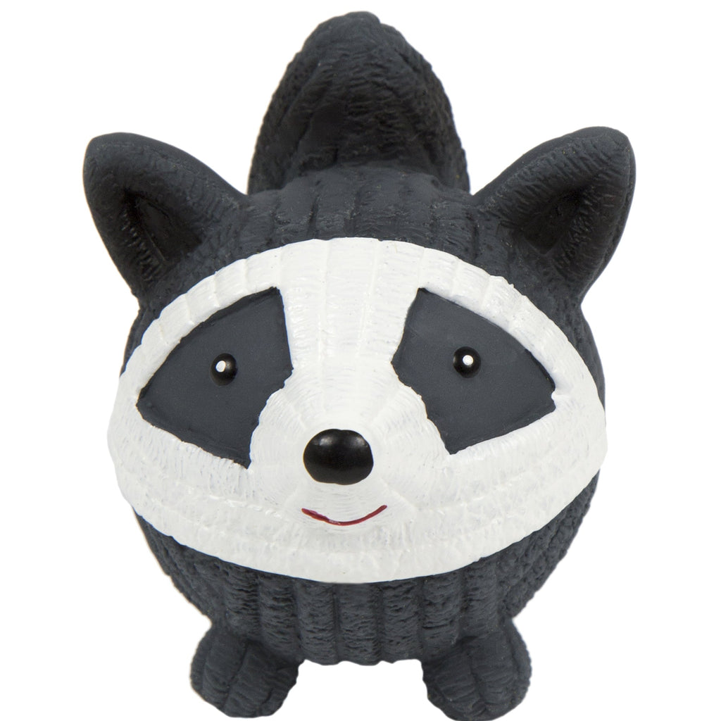 Black and white raccoon-style latex dog ball toy with face markings and nose