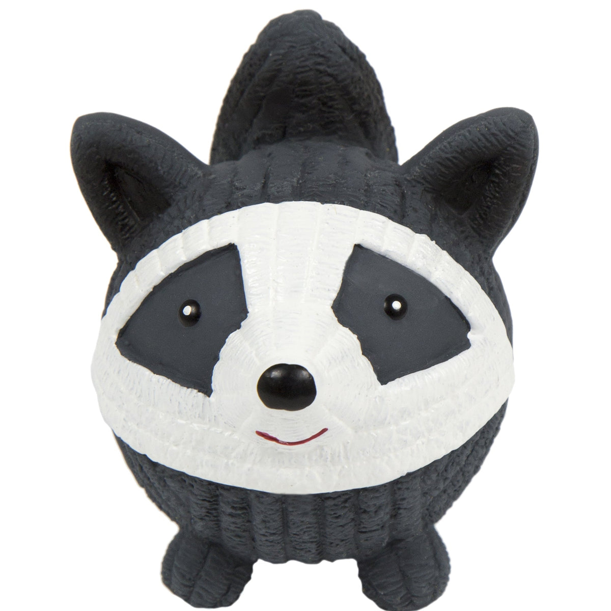 Black and white raccoon-style latex dog ball toy with face markings and nose