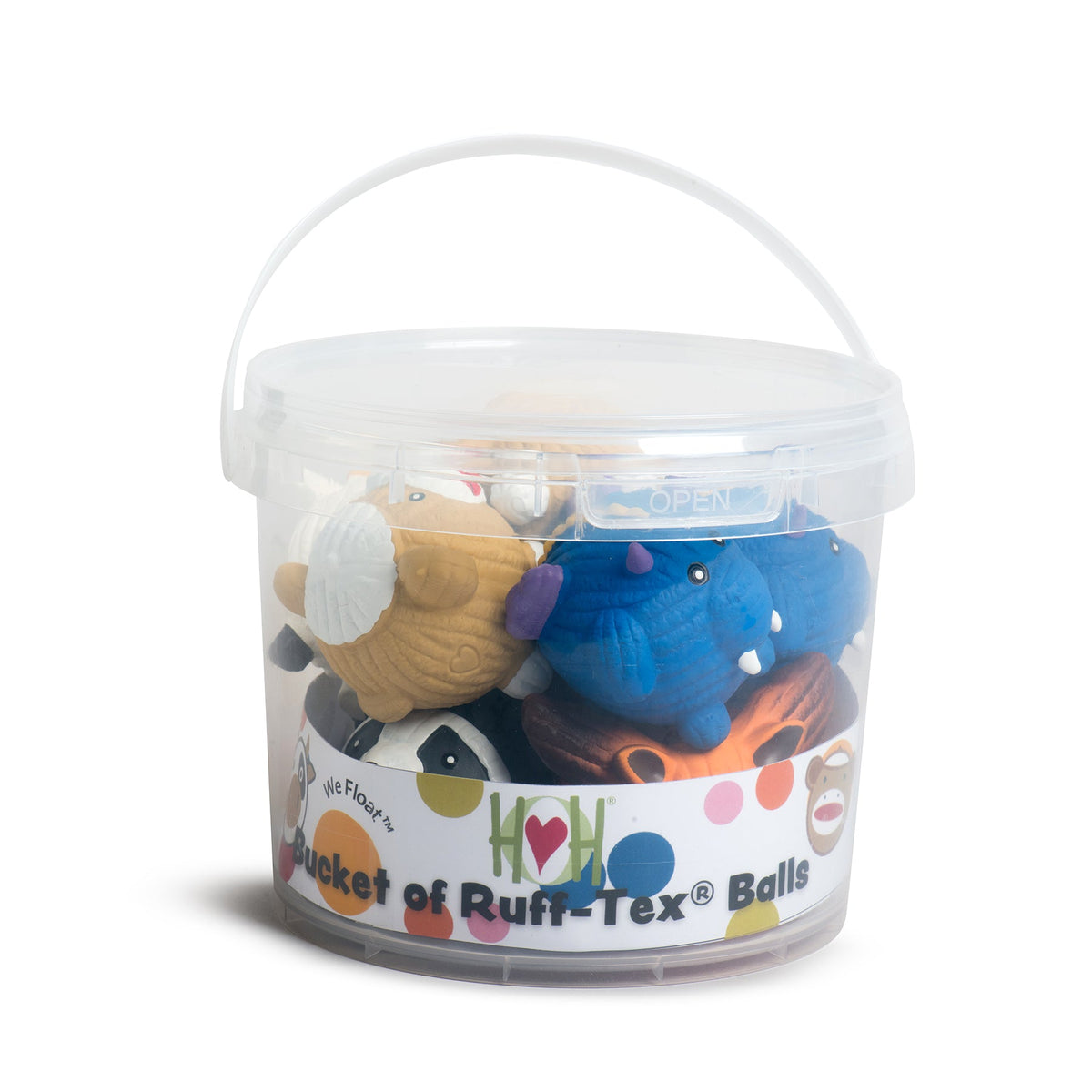 Plastic bucket with small latex dog ball toys, colorful animal shapes, 10-pack