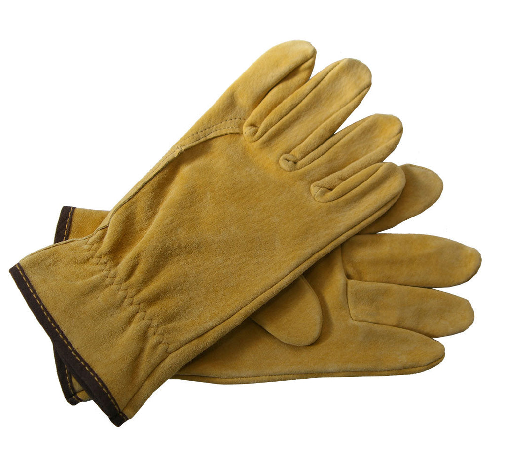 Pair of tan suede leather work gloves with curved cuffs and stitched fingers.