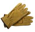 Pair of tan suede leather work gloves with curved cuffs and stitched fingers.
