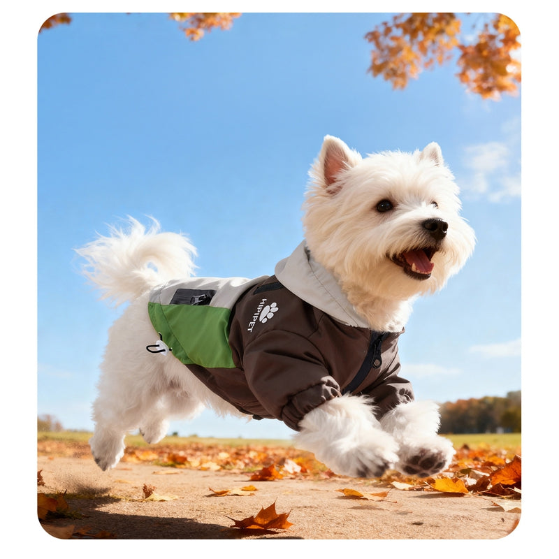 Waterproof dog outdoor jacket with hood and green side panels for walking