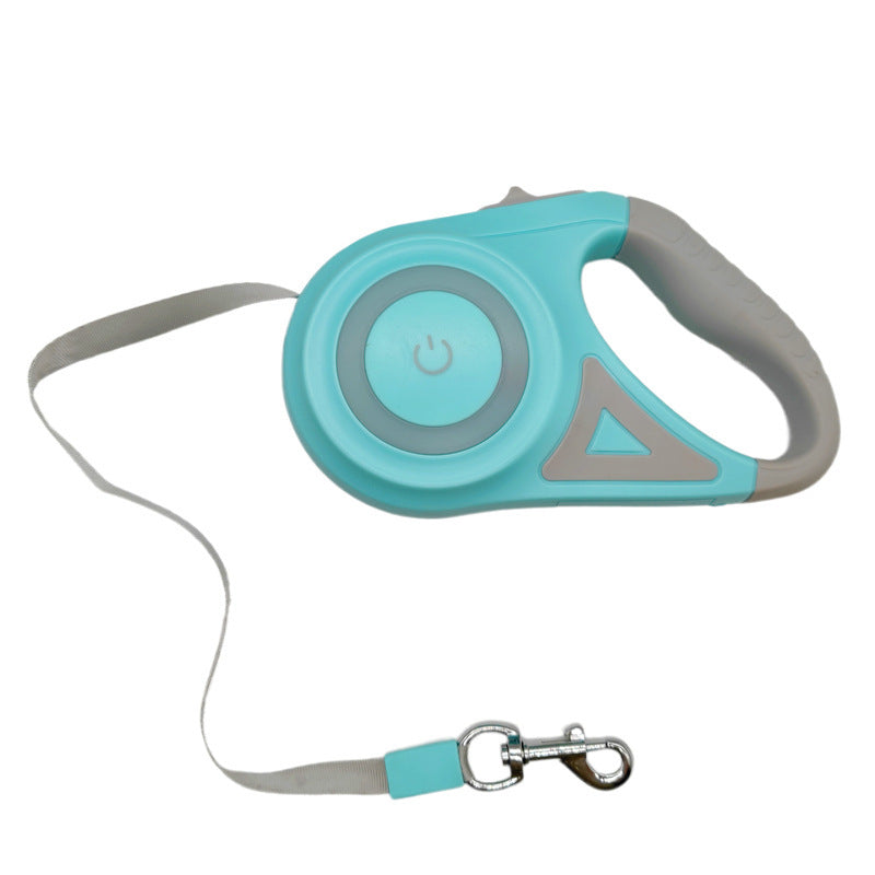 Teal retractable pet leash with handle grip, extendable rope and metal clasp