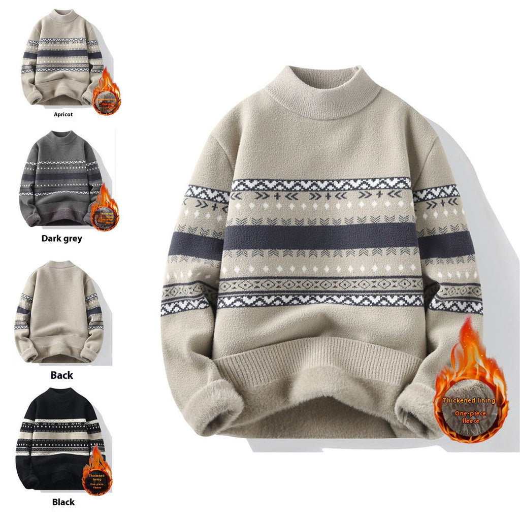 Mock neck velvet sweater in apricot with patterned Fair Isle stripe bands, long sleeves