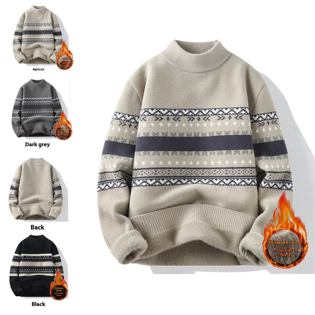 Mock neck velvet sweater in apricot with patterned Fair Isle stripe bands, long sleeves