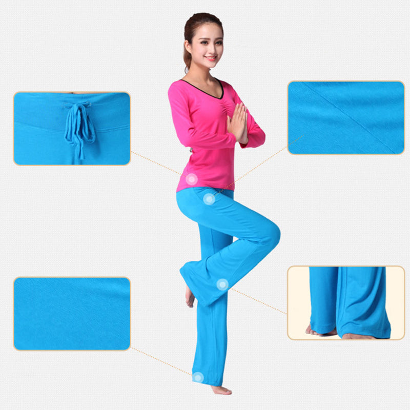 Blue yoga pants with elastic waist and flared bell-bottom silhouette
