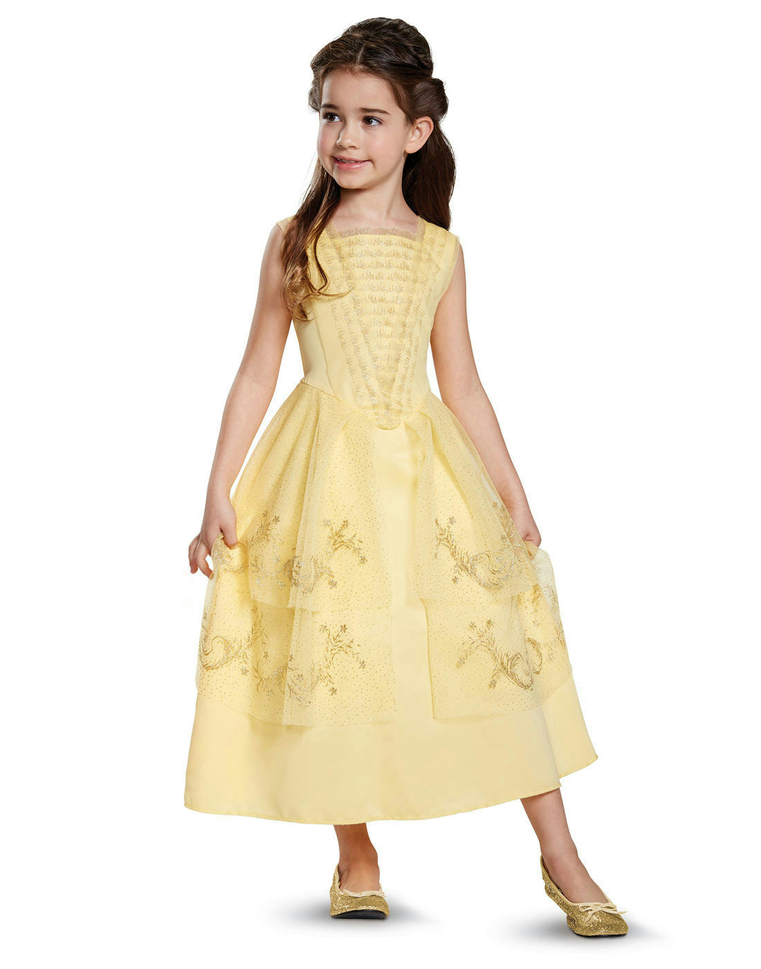 Children's yellow sleeveless ball gown costume with gold pattern, gathered skirt