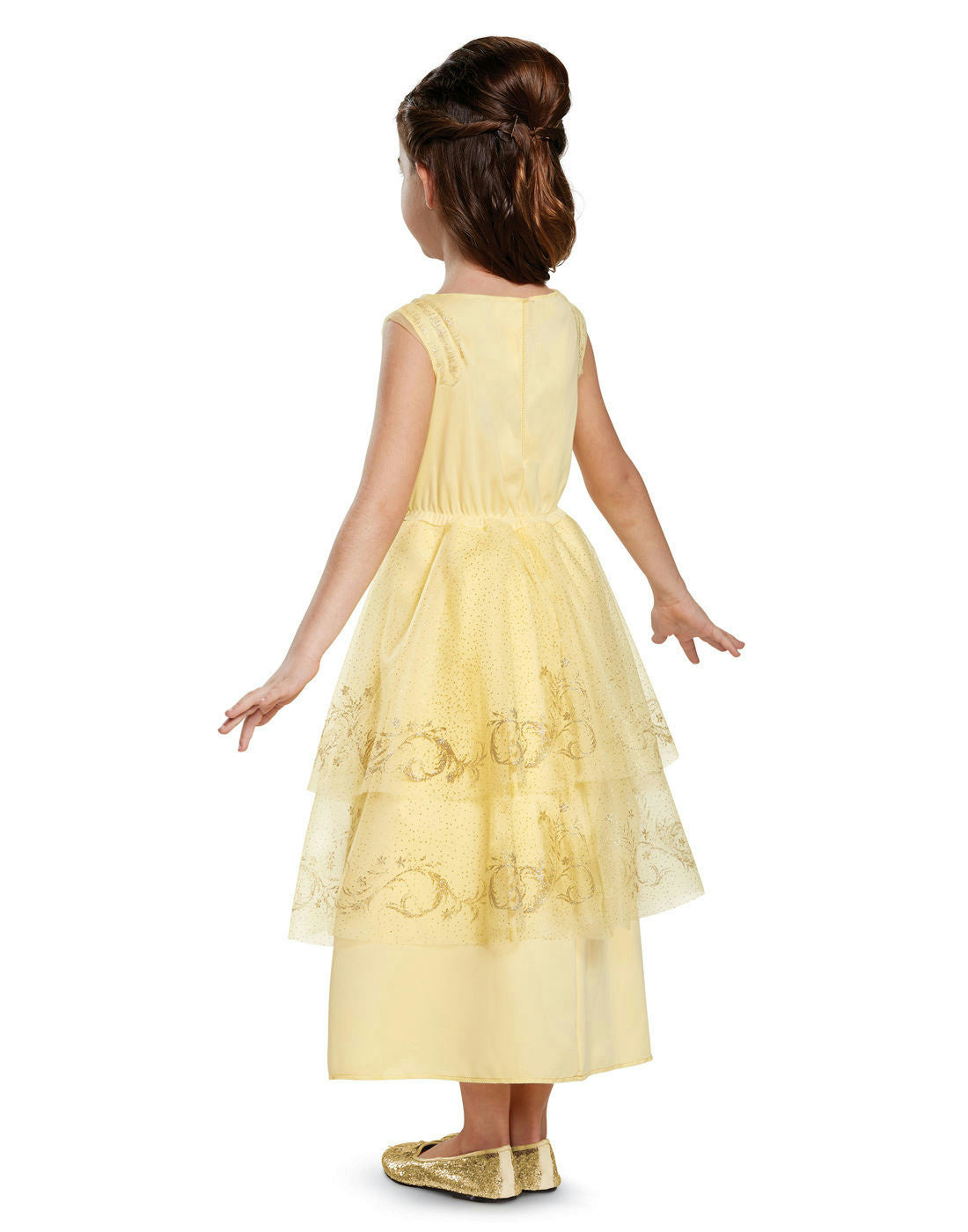 Children's yellow sleeveless ball gown costume, sheer back panel and layered skirt