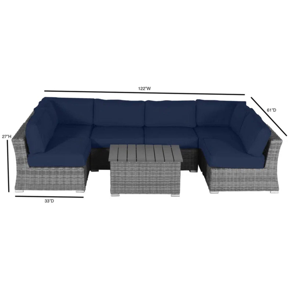 Blue cushion wicker sectional sofa with matching ottoman coffee table
