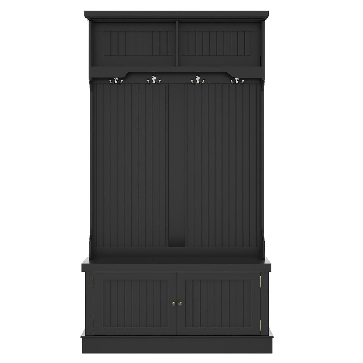 Black hall tree with double-door cabinet, top storage, and 4 coat hooks.