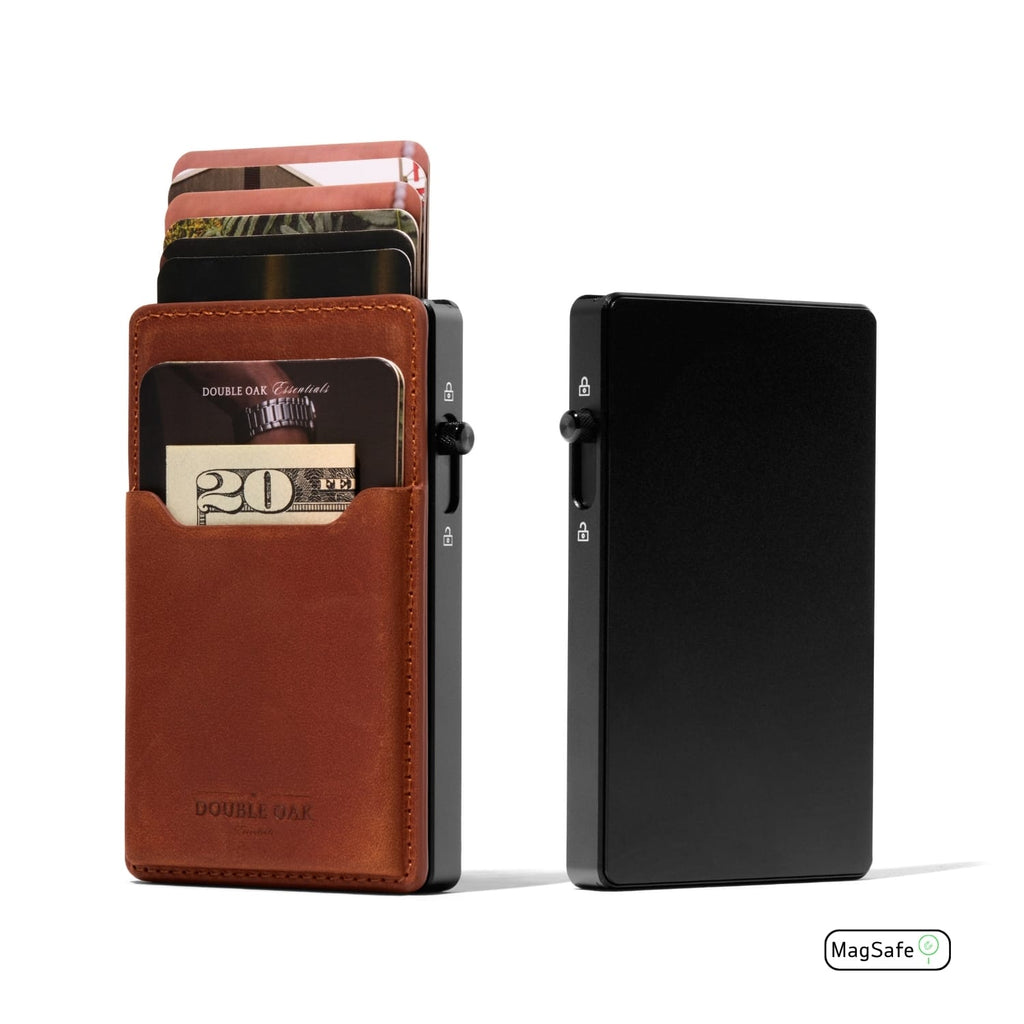 Brown leather mod wallet with front card sleeve and side metal attachment, MagSafe
