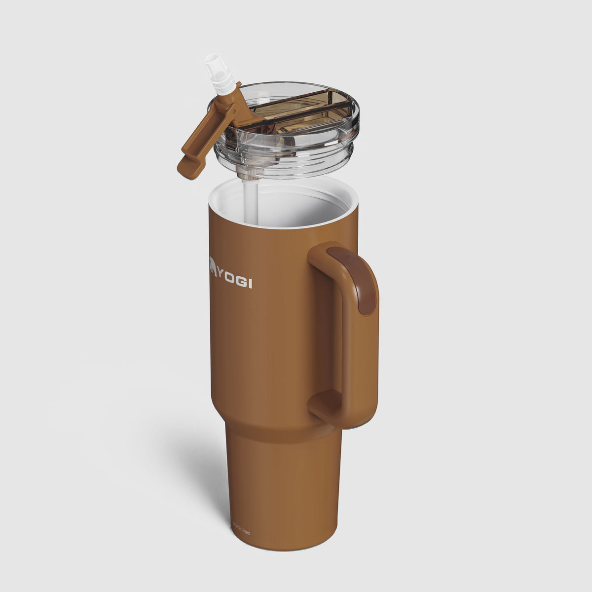 Amberwood tumbler with handle and lid open, showing inner straw opening