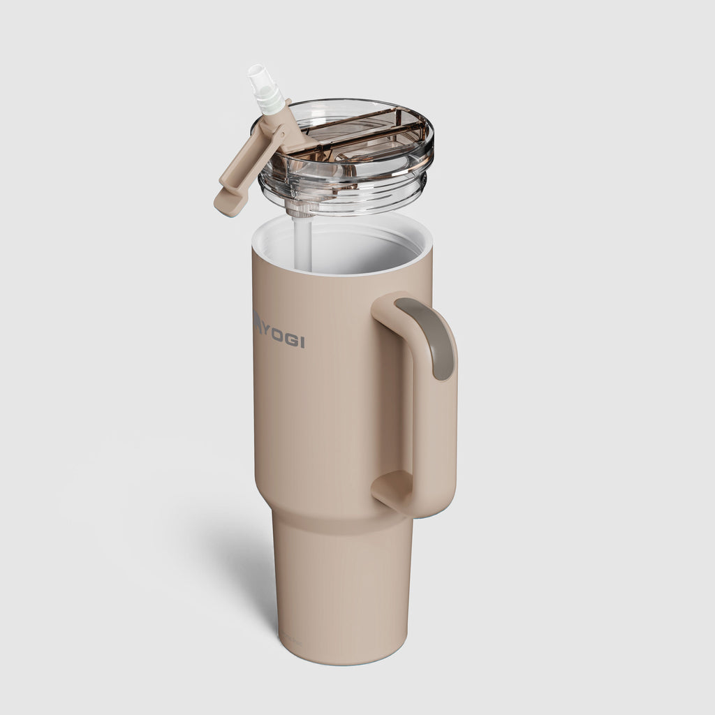 Ceramic-lined tumbler, open clear lid with straw tube, side handle, cream body