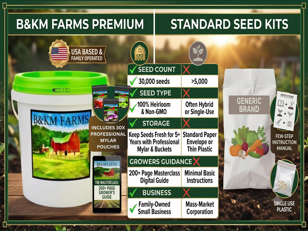 Seed packet vault and standard seed kits comparison chart showing premium vs standard options