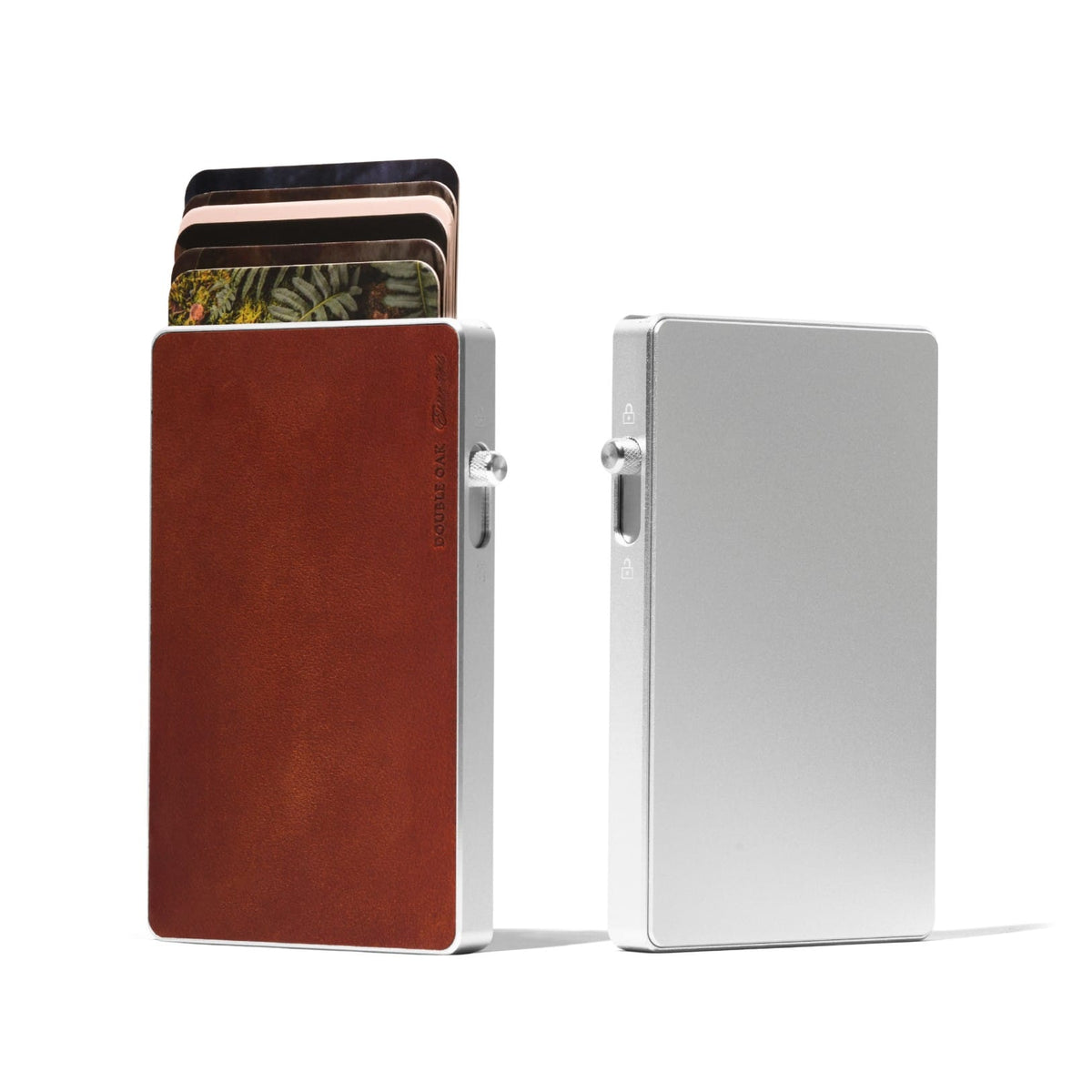 Gray metal mod wallet with card slots and small locking hardware