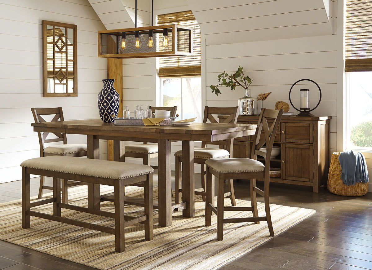 Dark brown counter-height dining table set with upholstered bar stools and server cabinet