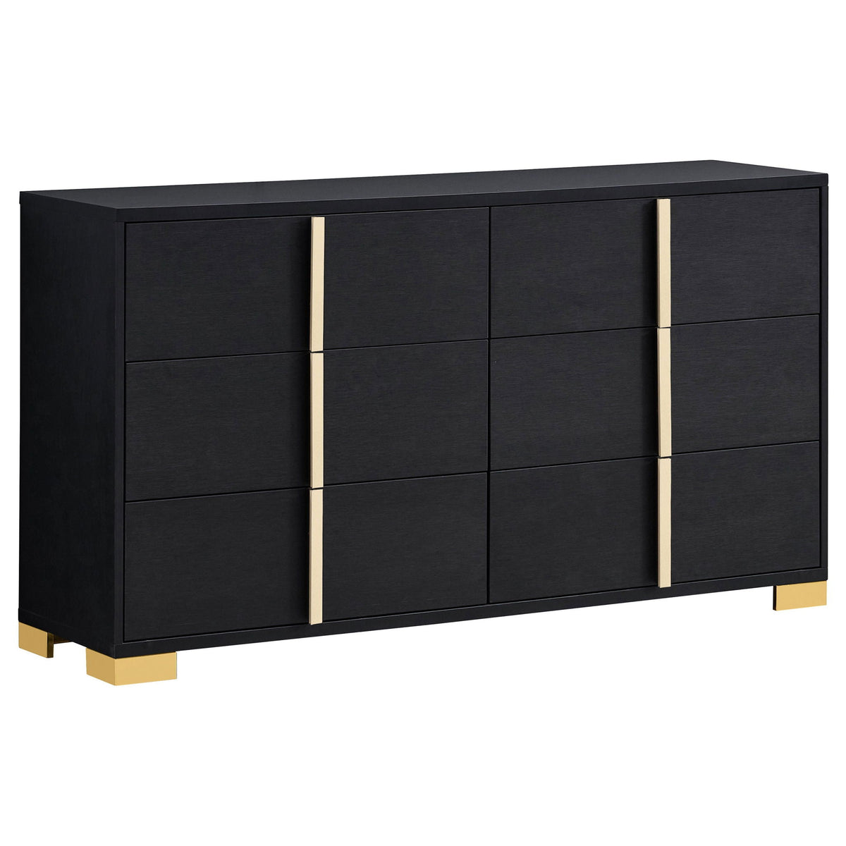 Black dresser with gold-accent vertical pulls and multiple cabinet drawers