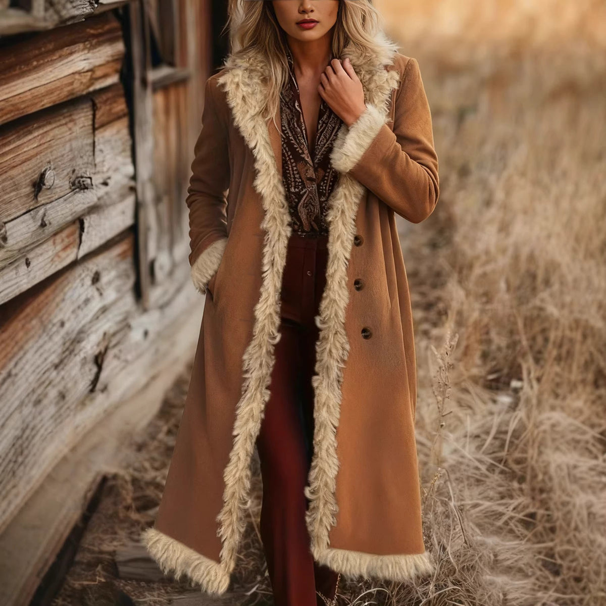 Women’s brown long jacket with cream faux-fur collar and open edge trim