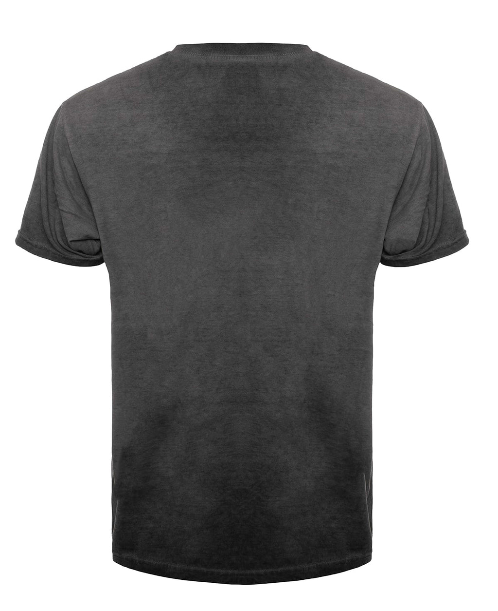 Oil wash T-shirt, dark gray back view with crew neck and short sleeves