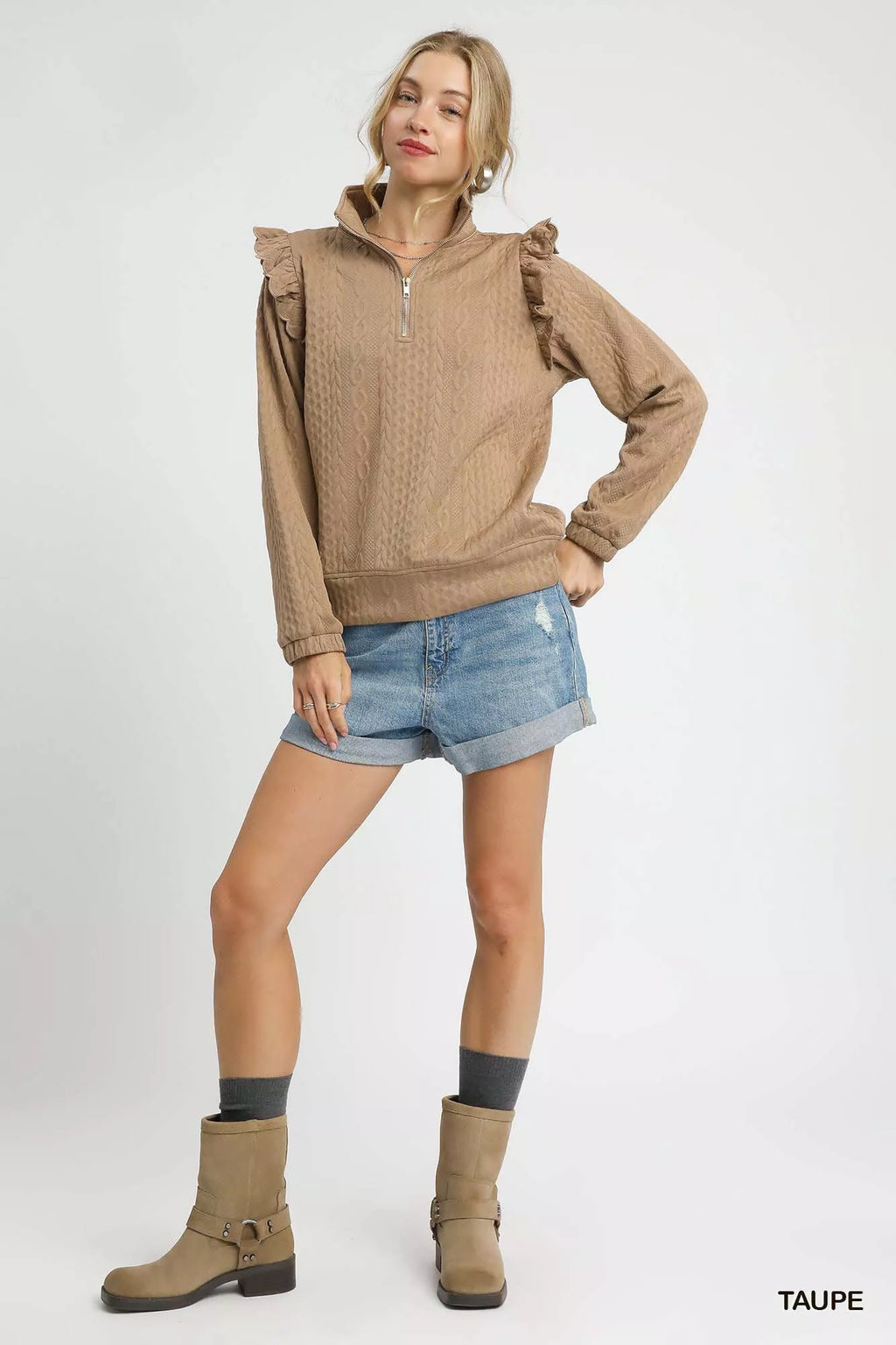 Taupe cable knit pullover with ruffle shoulders and half-zip, full-body view
