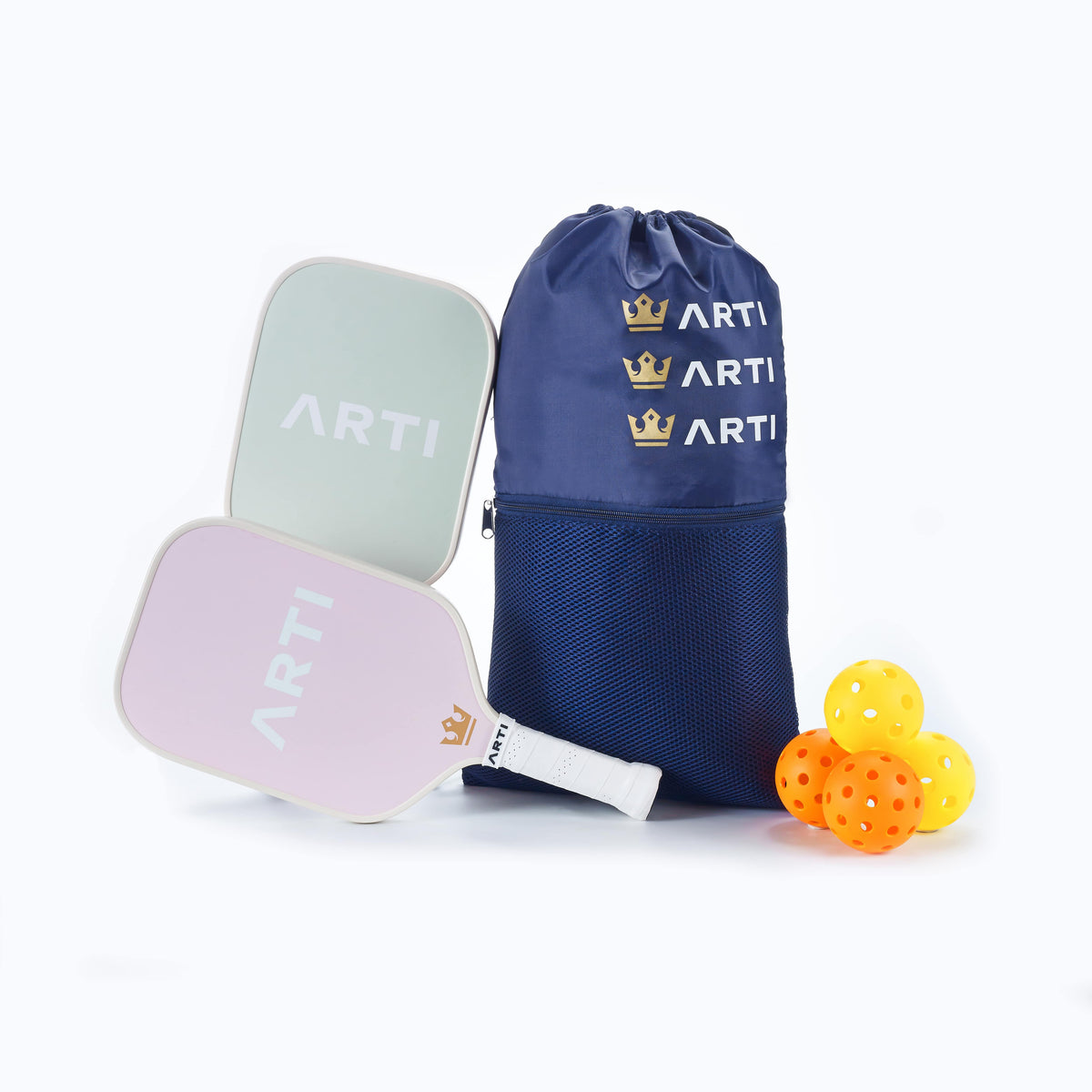 Pickleball paddle set with 2 paddles, navy drawstring bag, and 3 training balls