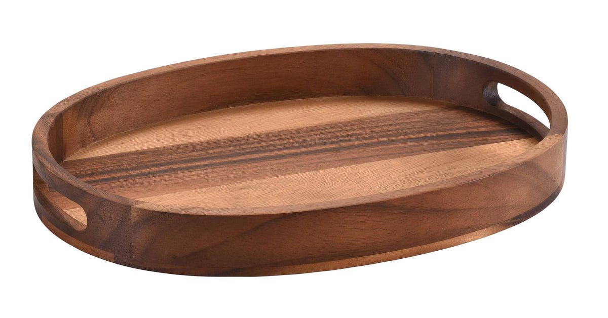 Oval wooden serving tray with cutout side handle, empty interior