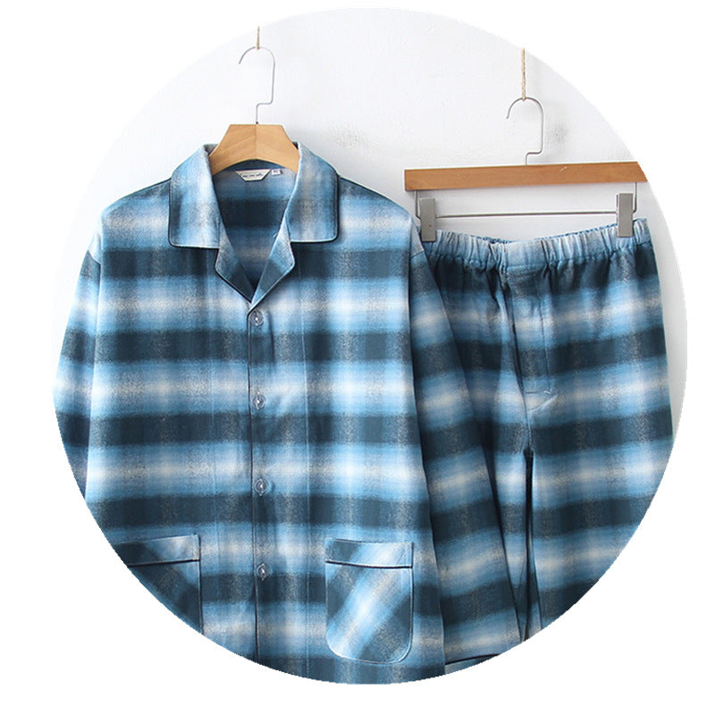 Men's blue plaid pajama set: short-sleeve button shirt and elastic-waist pants
