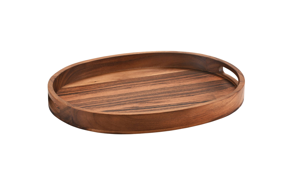 Oval wooden serving tray with striped wood grain and round cutout handle