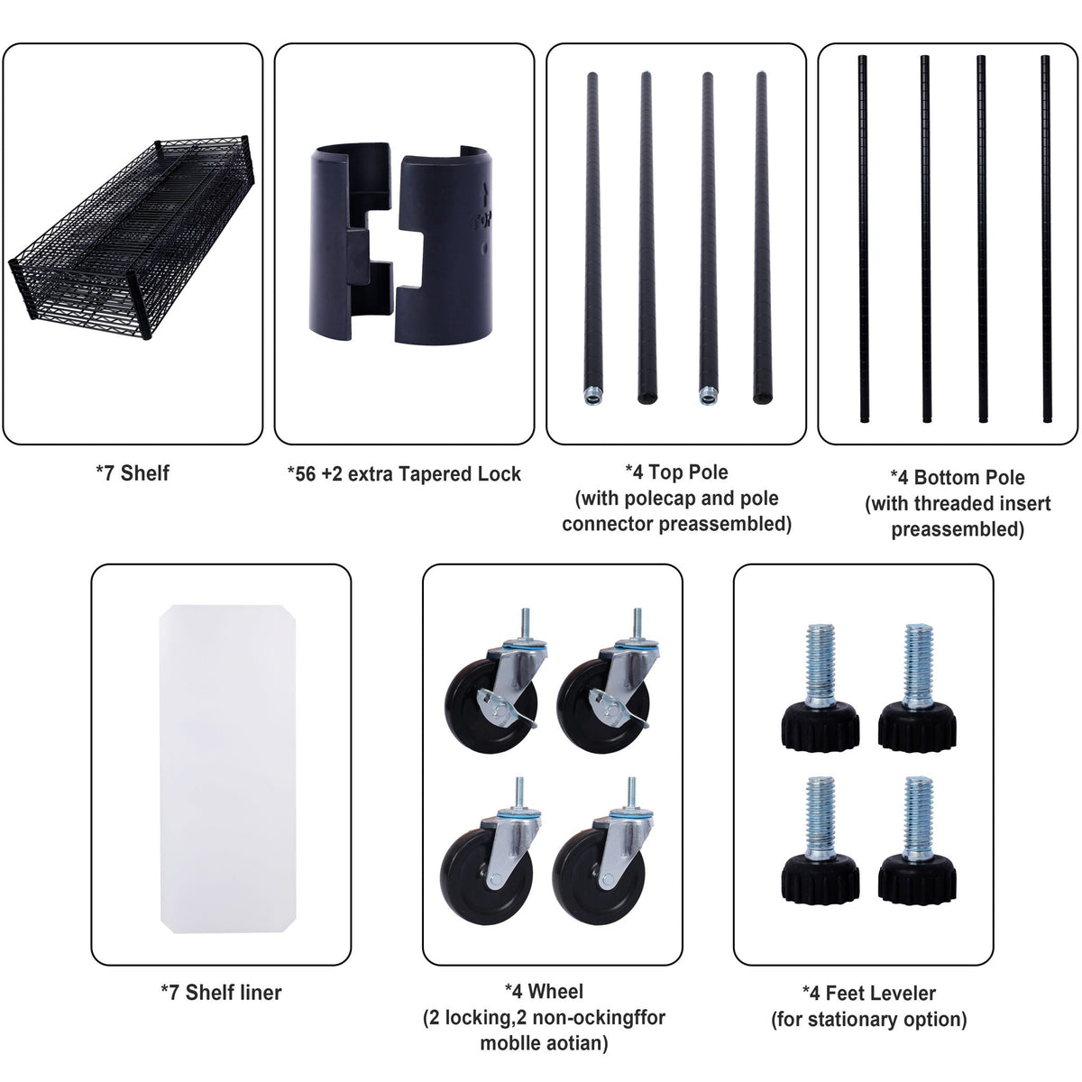 Wire shelf accessories set in black: shelf, extra taper locks, wheels, and levelers