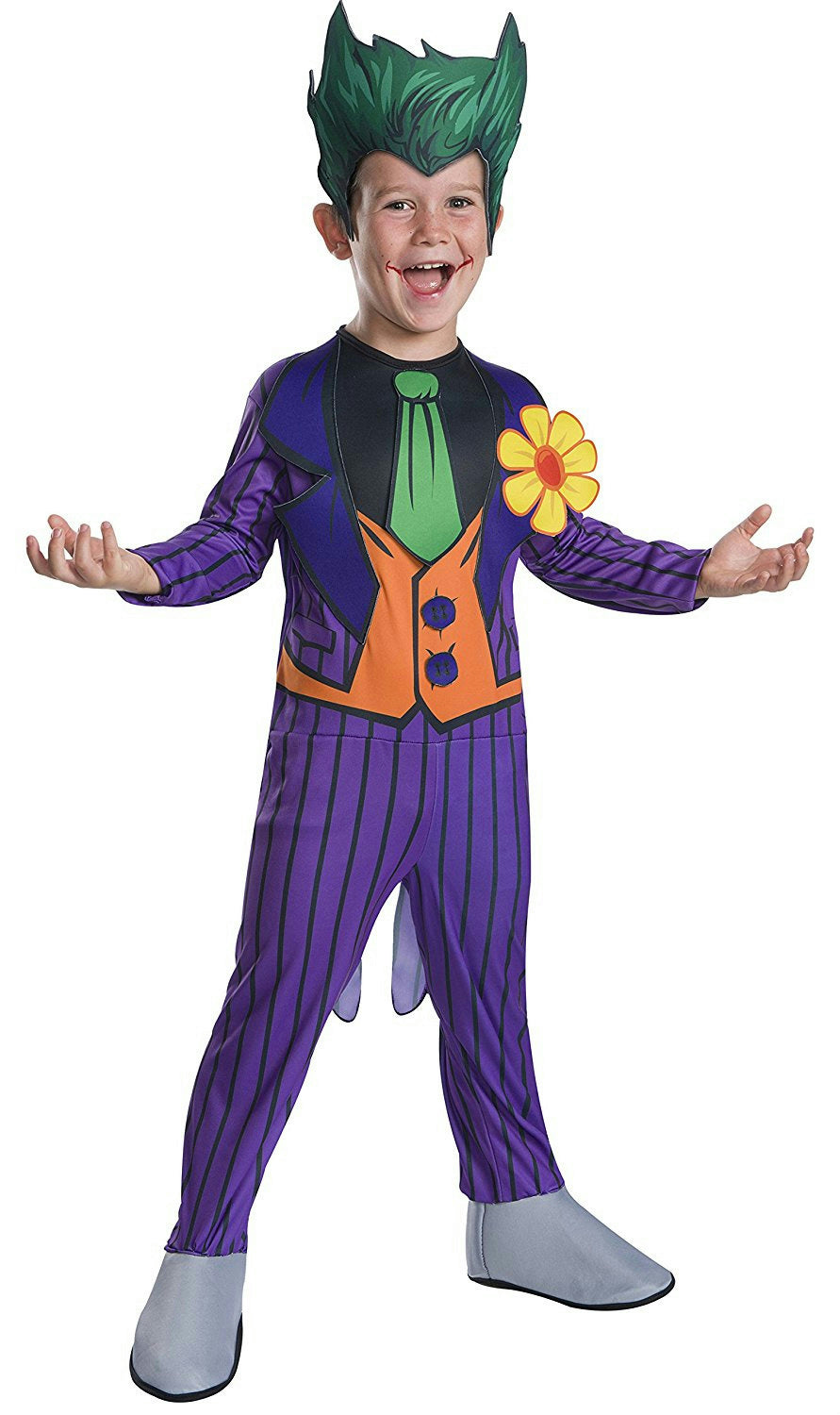 Joker boys child costume: purple striped jumpsuit with green hair headpiece