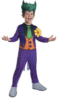 Boys Joker-style child costume with green wig, purple pinstripe jumpsuit, and vest