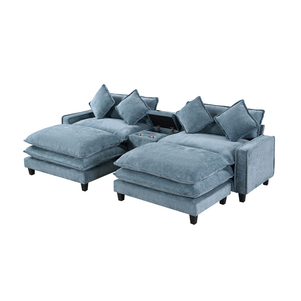 Light blue sectional sofa with removable ottomans, low legs, multiple throw pillows