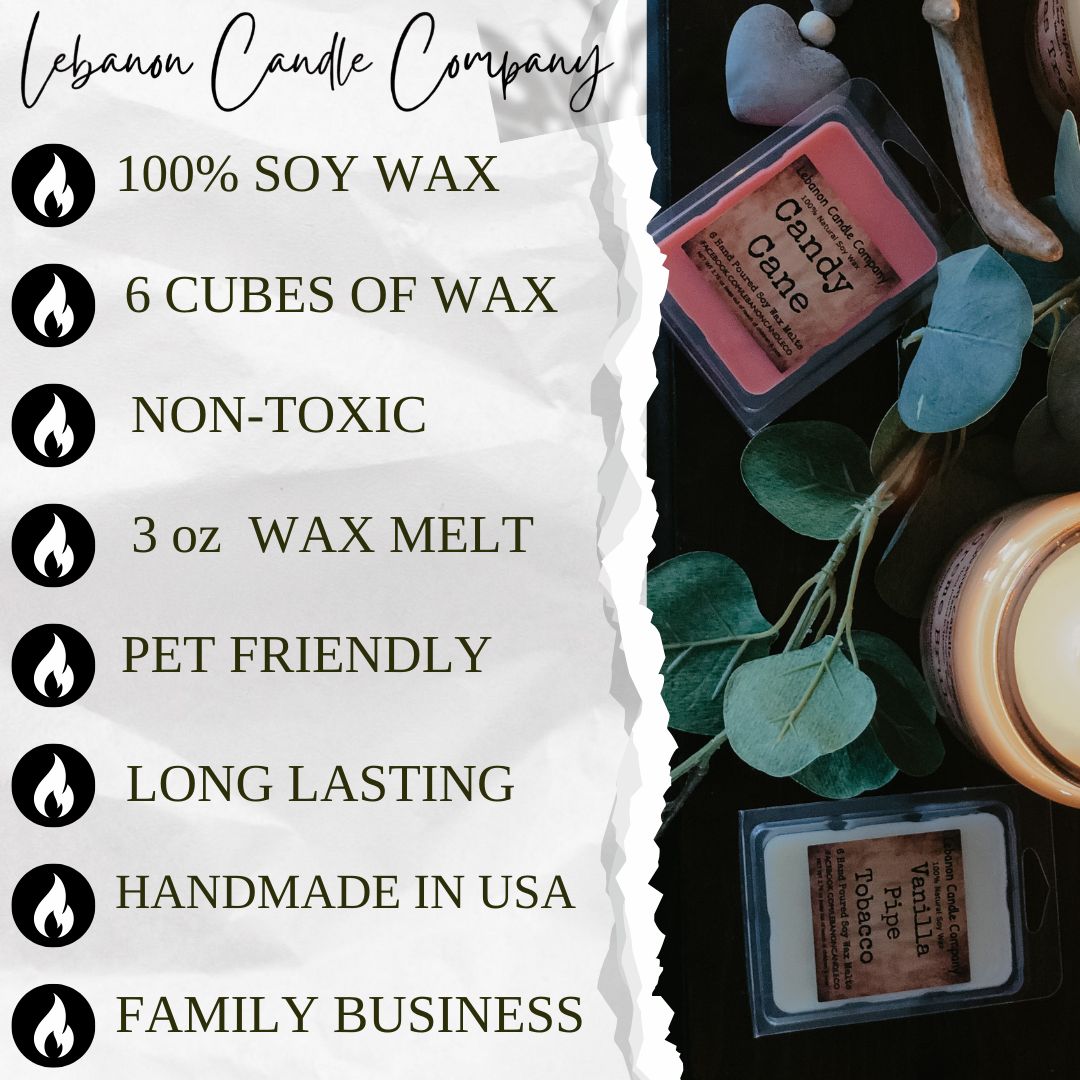 Baccarat wax melt info panel: 100% soy wax, 6 cubes, non-toxic, pet friendly, 3 oz