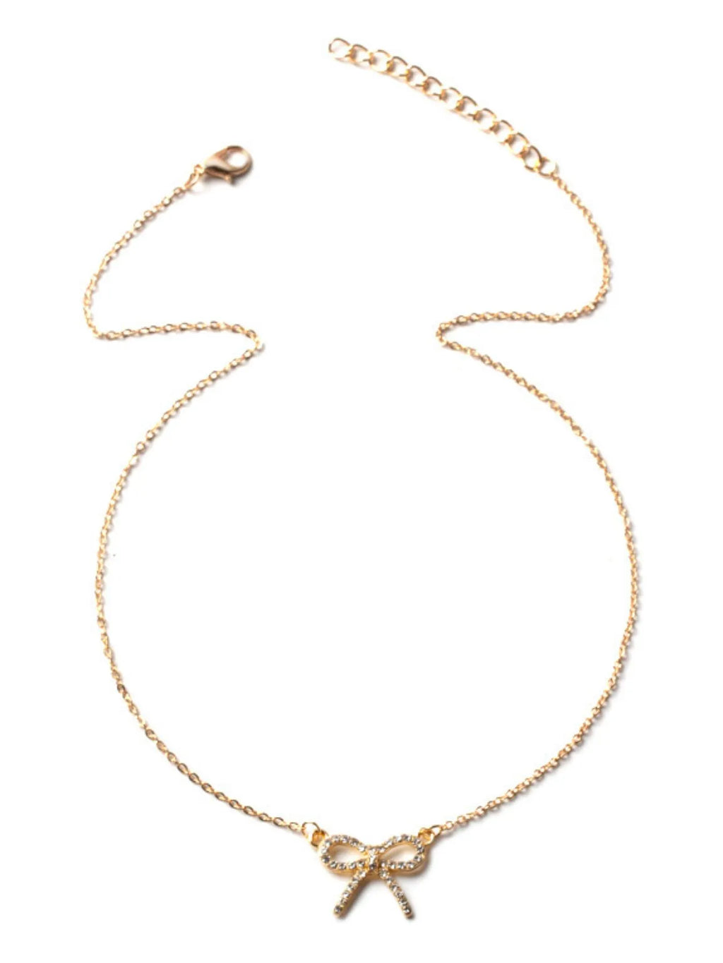 Gold bow-knot pendant necklace with small clear stones and dangling ribbon charm