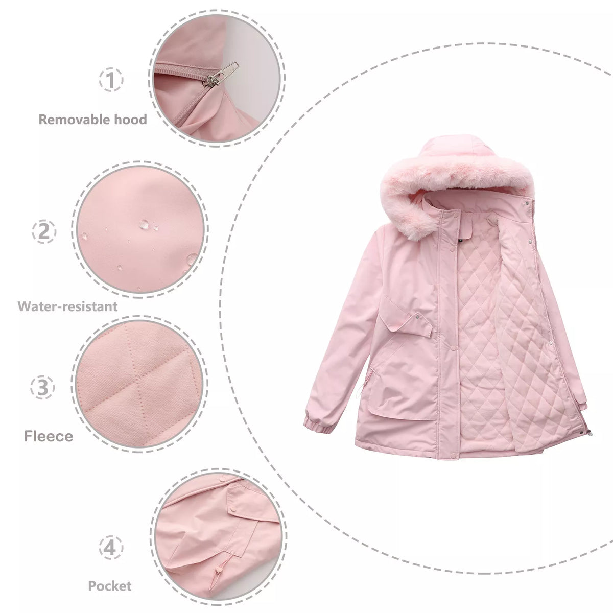 Pink parka with detachable faux-fur hood and quilted body with snap pockets