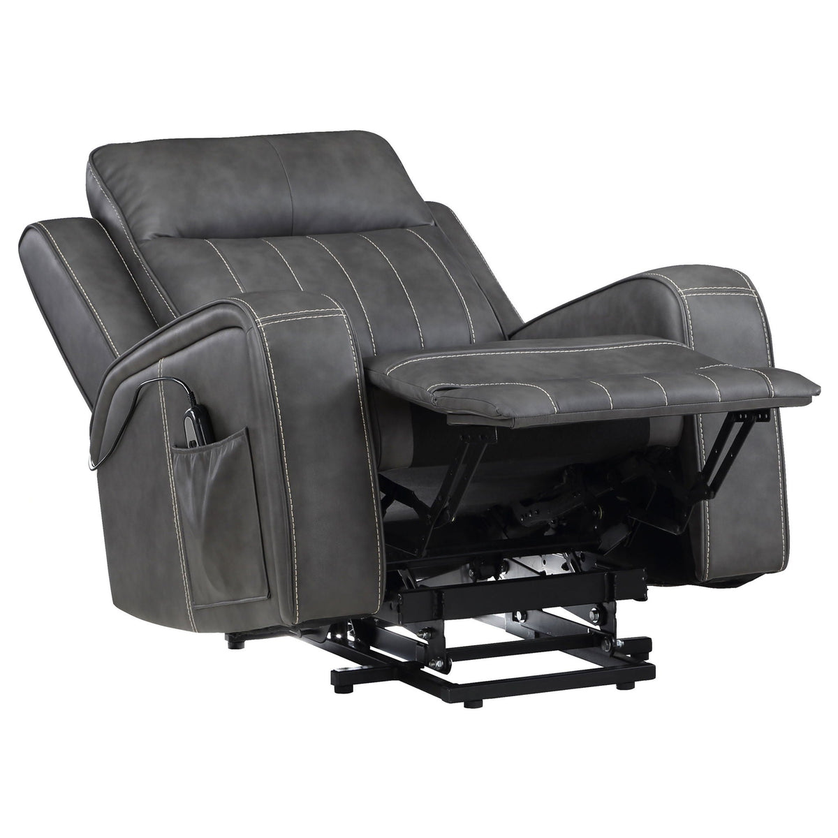 Gray upholstered power lift recliner chair side view with extended footrest mechanism