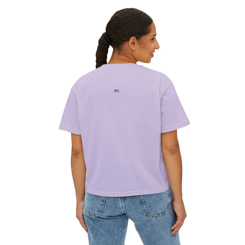 Orchid purple boxy cropped tee with small EA logo at upper back