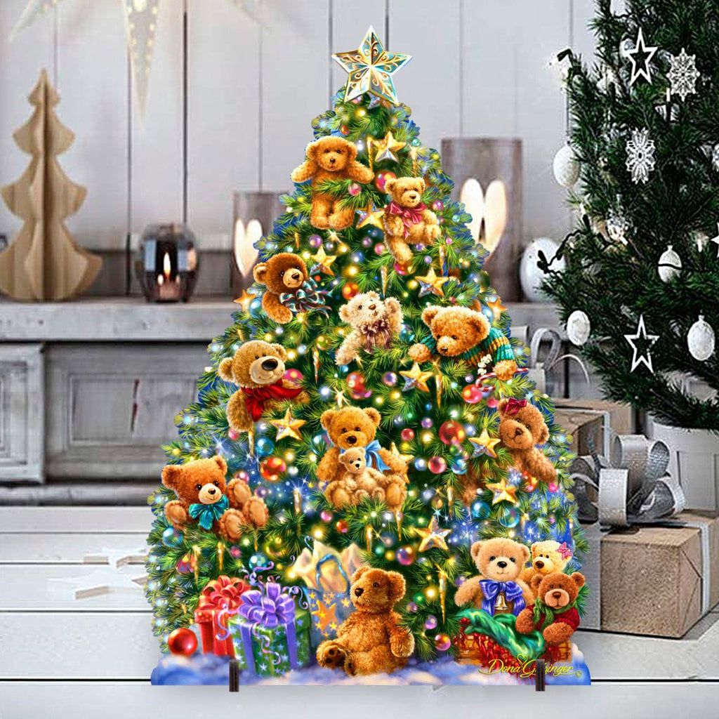 Teddy bear Christmas tree outdoor yard sign with glowing lights, gifts, and bear decorations