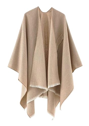 Beige women's solid fringe poncho shawl, open front with asymmetrical drape