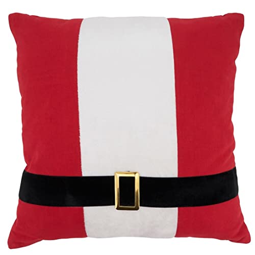 Red and white Santa belt throw pillow with black belt and gold buckle, square