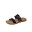 Women’s slide sandals with black straps, tan footbed, and open toe