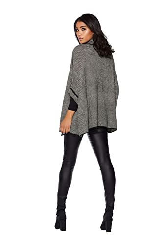 Grey speckled knit poncho cardigan with black-trim neckline and loose drape sleeves